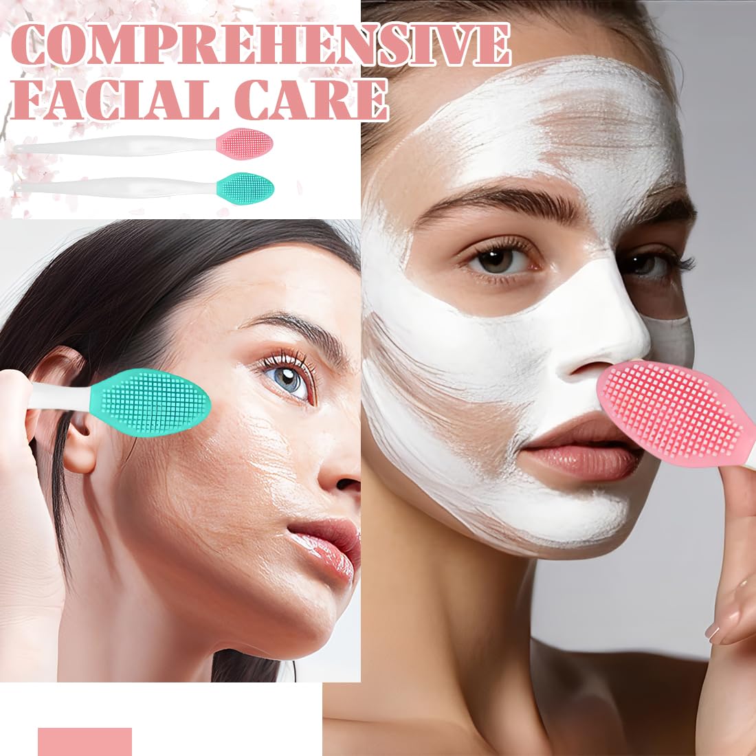 2 brosses à gommage des lèvres en silicone double face et des brosses de nettoyage des points noirs ; utilisables aussi pour le nettoyage du visage, disponibles en diverses couleurs (rose, vert)