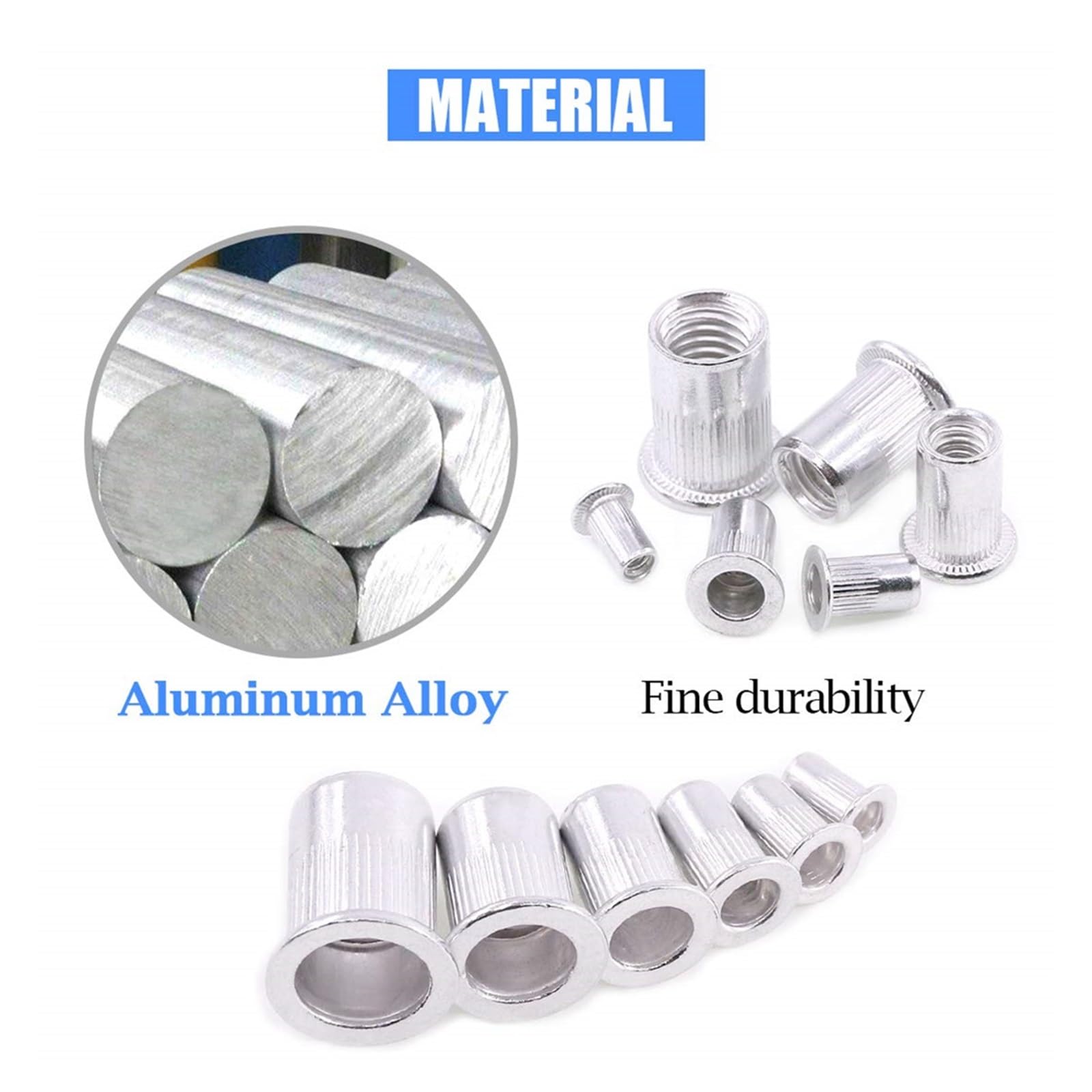 Kit assortimento di dadi for rivetti filettati metrici a testa piatta in alluminio M3/M4/M5/M6/M8/M10 da 100 pezzi(M10)