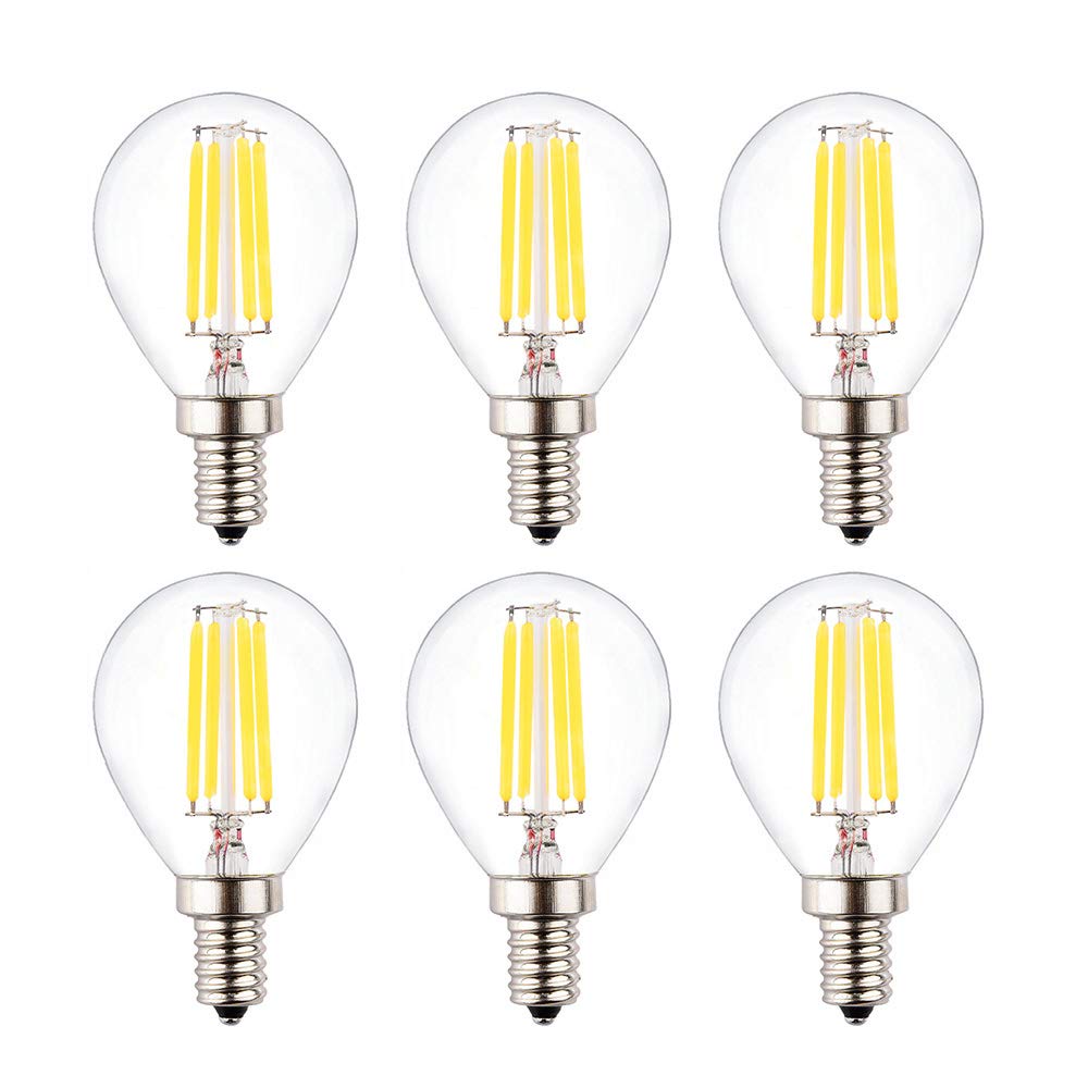 G45(G14) Mini Globe LED Filament Tungsten Bulb, 4W Dimmable, 2700K Warm White Light Color, 400LM 40W Incandescent Bulb Replacement, Clear Glass Cover, E12 Small Base Candelabra Lamp, 6 Pack