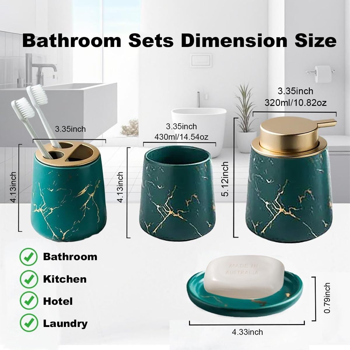 Set di accessori da bagno in ceramica con motivi vegetali, accessori con dispenser di sapone, piatto, bicchiere, decorazione per la casa, decorazione costiera (set da 4 pezzi, verde)