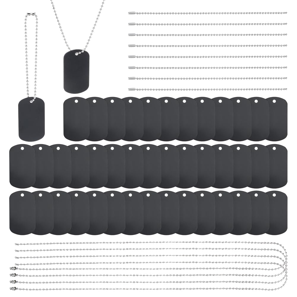 OLYCRAFT 60Pcs Sublimation Blank Dog Tag Set Black Double Sided Blank Stamping Metal Tag Includes Aluminum Sublimation Stamping Tags Necklace Chain for Necklace Bracelet Making Personalized Pet Tags