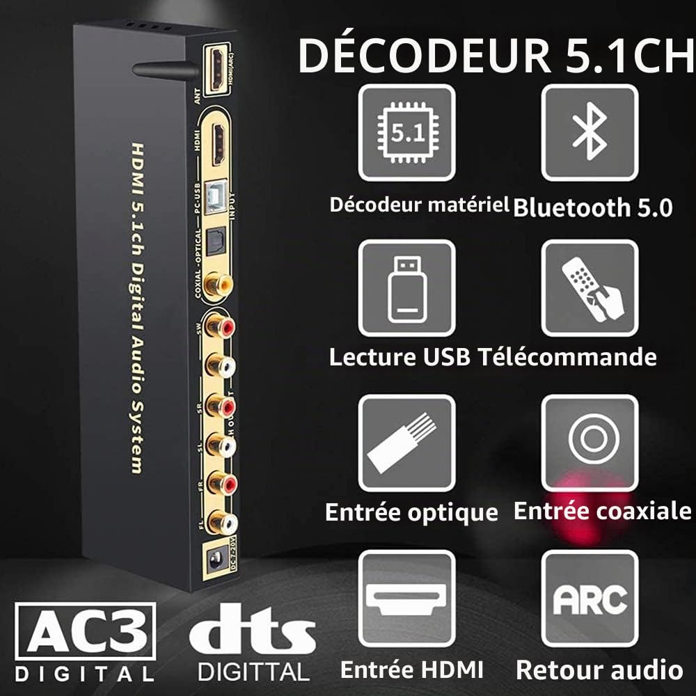 Décodeur Audio 5.1 DTS Dolby avec U-Disk HDMI Bluetooth 5.0, Fibre Optique ARC Coaxial, DAC DTS AC3 FLAC APE 4K/2K Convertisseur SPDIF ARC