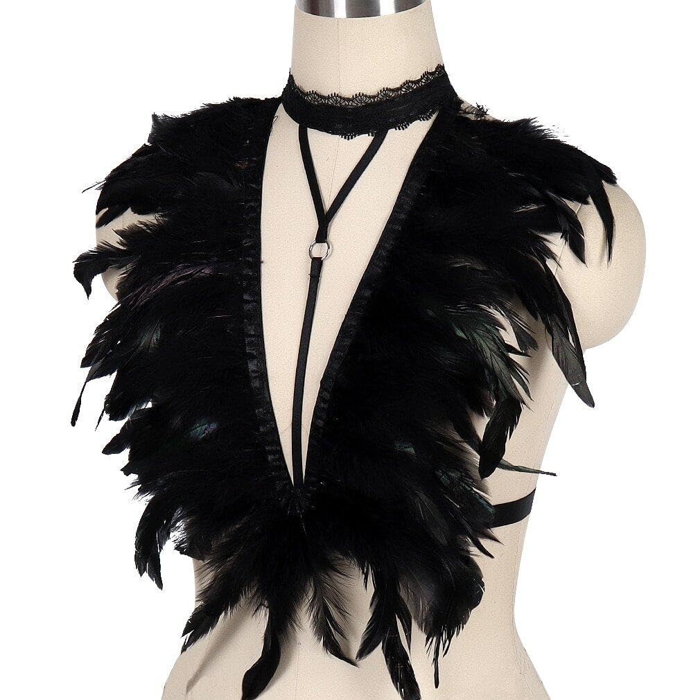 Imbracatura di Piume Nere Reggiseno di Piume Gotiche Imbracatura di Piume Punk Coprispalle di Piume Imbracatura Elastica di Piume Vuote Shaw