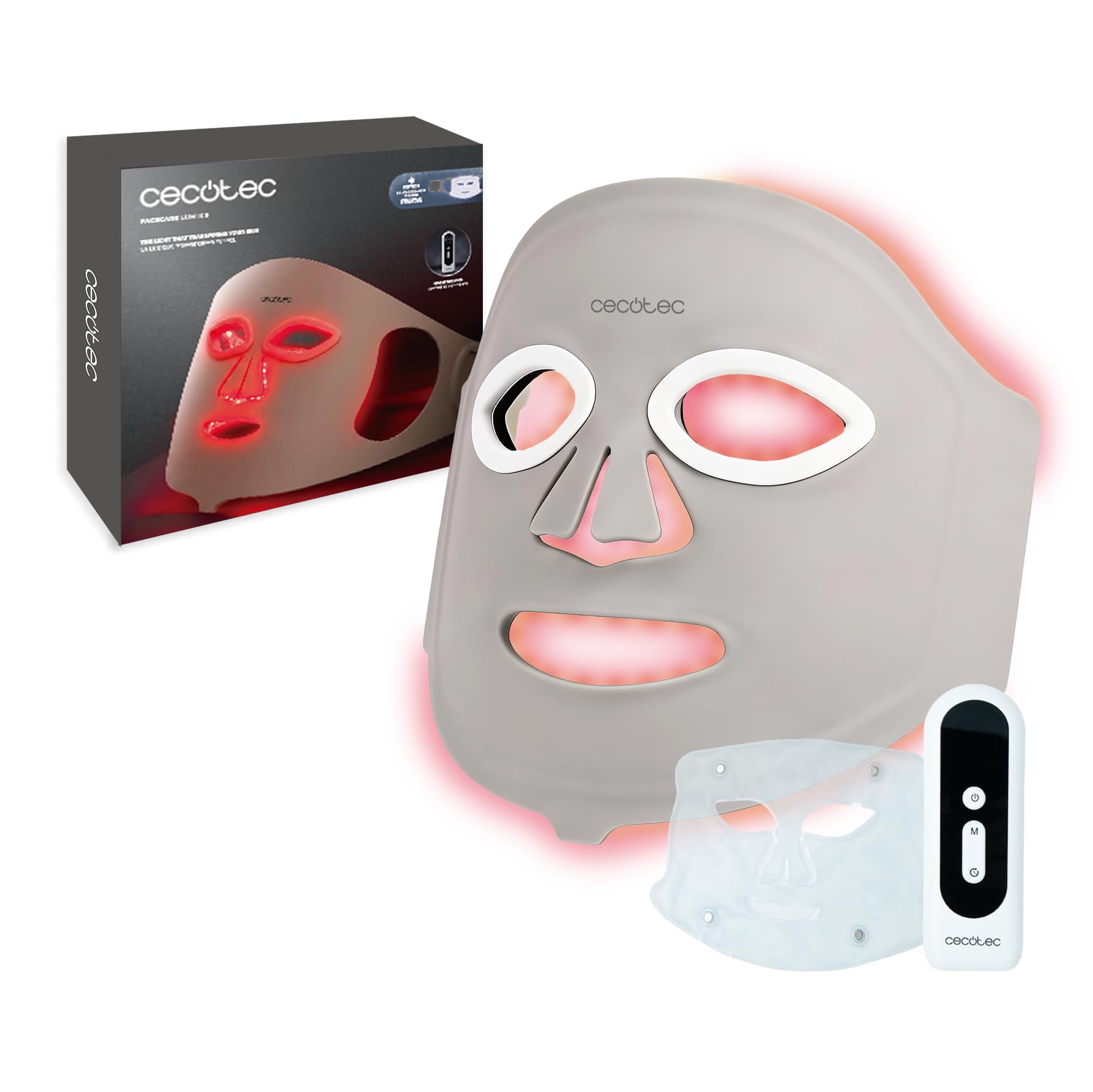Cecotec Máscara Facial LED 9 Colores - 448 Puntos de Luz FaceCare LÜM Ice | Silicona Flexible libre de UV, 9 Funcionalidades, Luz Infrarroja (NIR), 112 LEDs (448 chips), Accesorios Efecto Frío