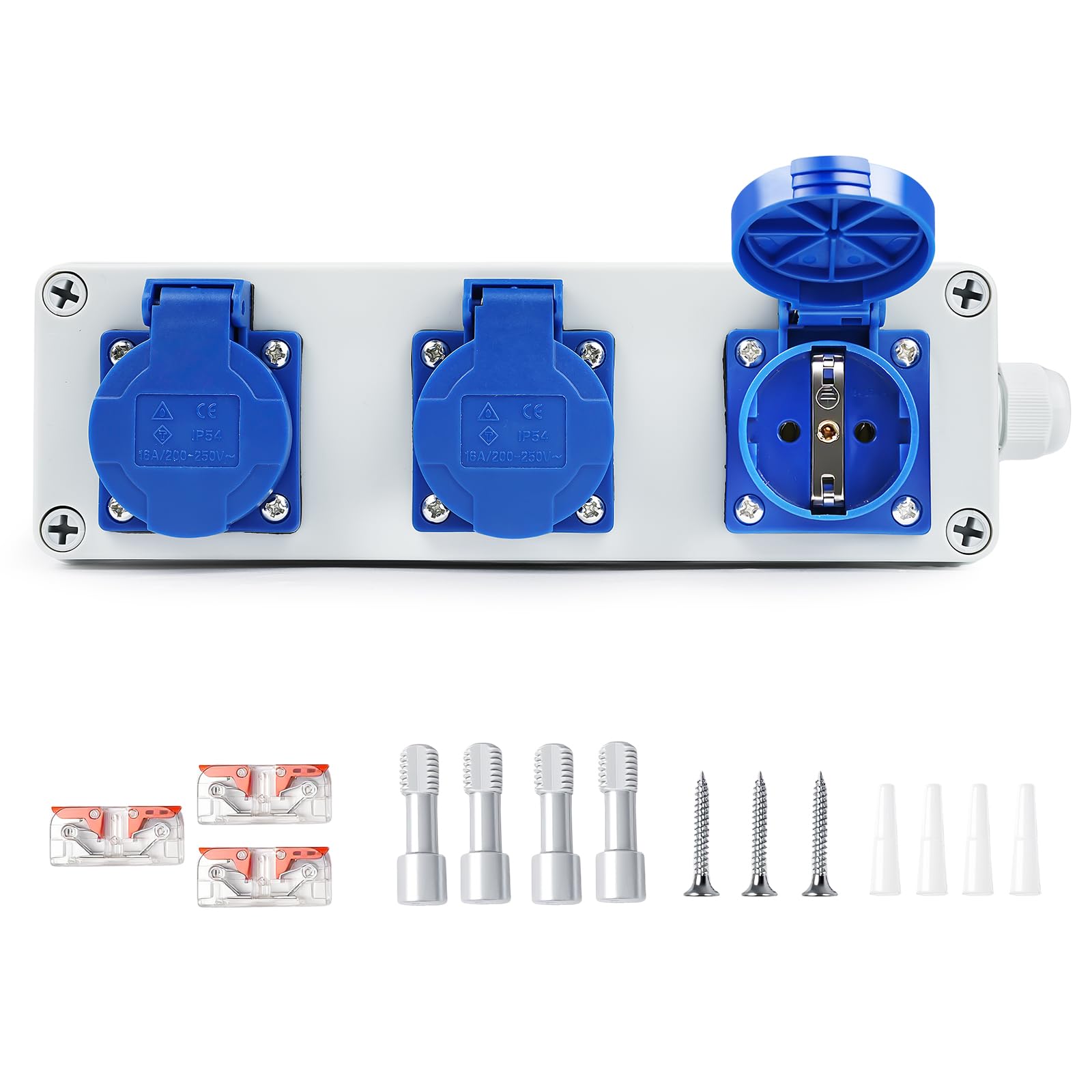 Distribuidor de Enchufes de Pared Caja de Distribución Tomas Schuko 3 x 220V IP54 Distribuidor de Pared 16A con Cubierta Protectora Individual para Talleres, Interiores y Exteriores