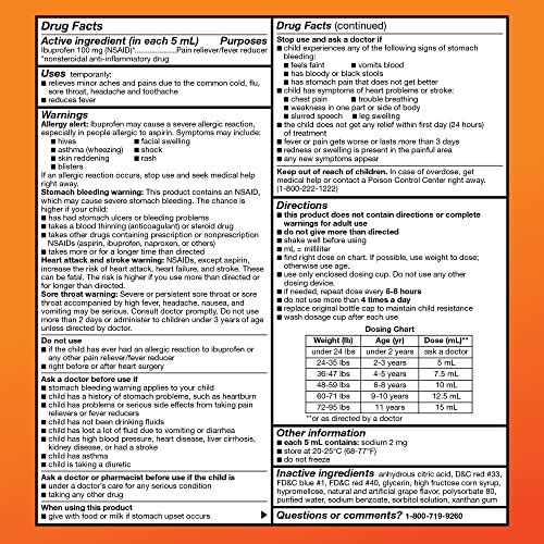 Image of Amazon Basic Care Children's Ibuprofen Oral Suspension 100 mg per 5 mL, Pain Reliever and Fever Reducer, Grape , for Minor Aches and Pains, Sore Throat, Headache Relief and More, 4 fl oz (Pack of 1)
