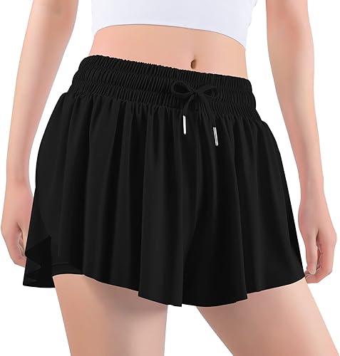 Auranso Pantalones cortos de mariposa para niñas, pantalones cortos fluidos con bolsillo 2 en 1 para atletismo, correr, gimnasio, ropa preparatoria