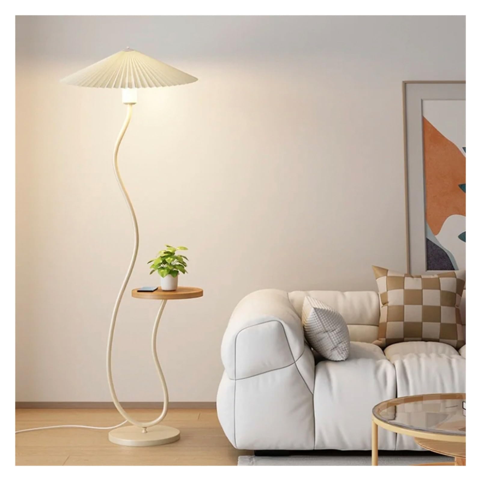 E7v2t9k6 White Standard Lamp Real Marble Based Led Floor Lamp, With Wood Table, Bedside Reading, Modern End With For Bedroom Corner
