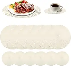 Jogo Americano 6 Peças - Jogos Americanos Redondo Tecido Kit Mesa Posta Inclui 6 Bases para Copos e 6 Jogo Americano Isolamento Térmico e Proteção Contra Manchas Jogos Americanos Redondo (Bege)