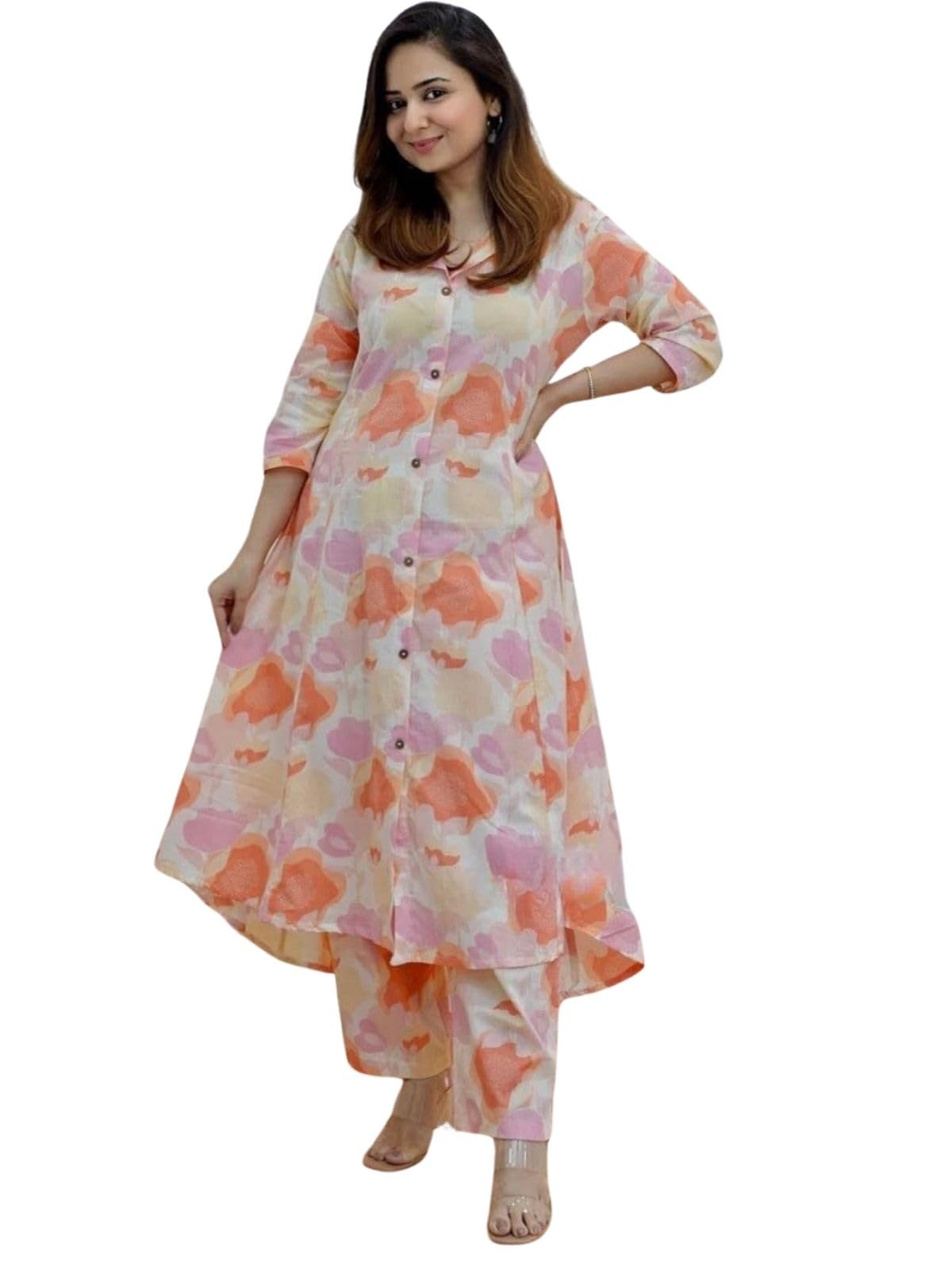 Greciilooks Rayon Standard Length Formal Travel Floral Printed Ethnic Co-Ord Kurta Set For Women (Available In 2Xl And 3Xl) (Gl-W1821_Orange_S)