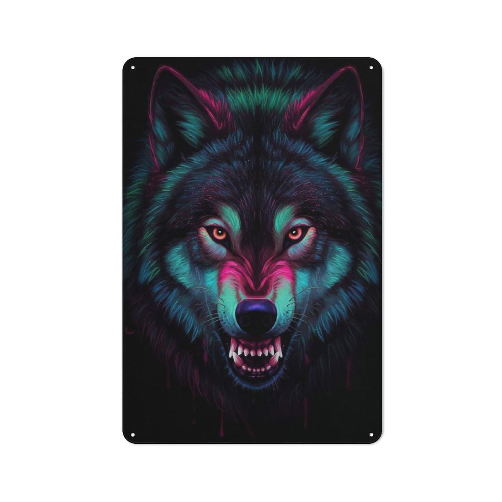 Metal Wall Sign 30x20cm Featuring Neon Wolf Portrait for Café Or Home Bar, for Collectors Decorating Cafés And Home Bars