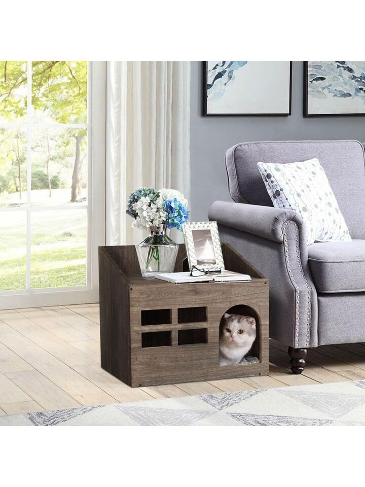 Sabri SHOPEE Wooden Cat House for Indoor Cats, Premium Durable Pet Shelter, Modern Design with Multiple Entry Points Cat Kittens & Small Pets Home Indoor Shelter (Wood Brown, Box Style Cat House) 4