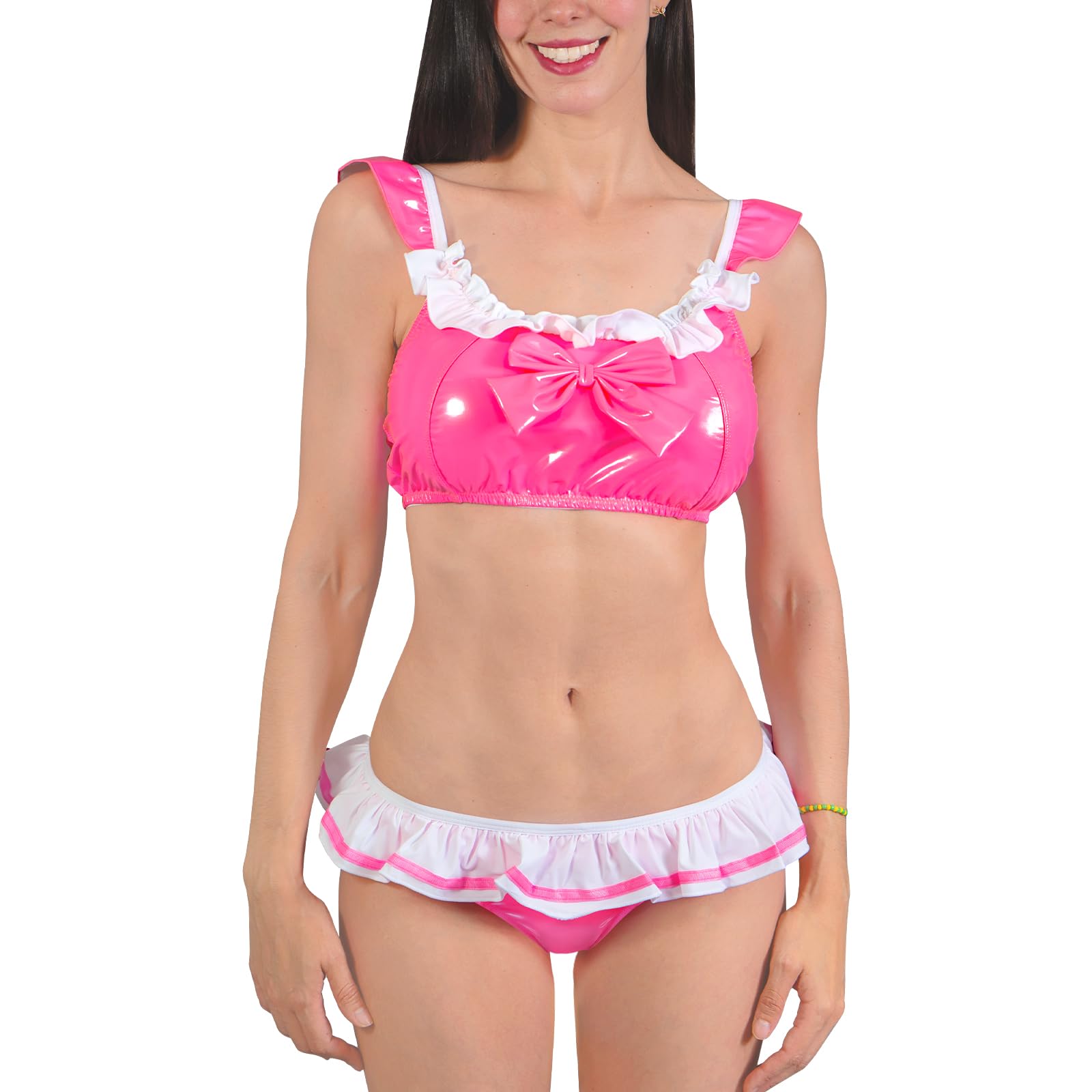 LittleForBig Unisex Metallic Rave Cuero Sintético Brillante Volantes Sin Mangas Espalda Sin Espalda Bikini Bragas De Látex Sissy Doll Juego de Bralette de 2 Piezas