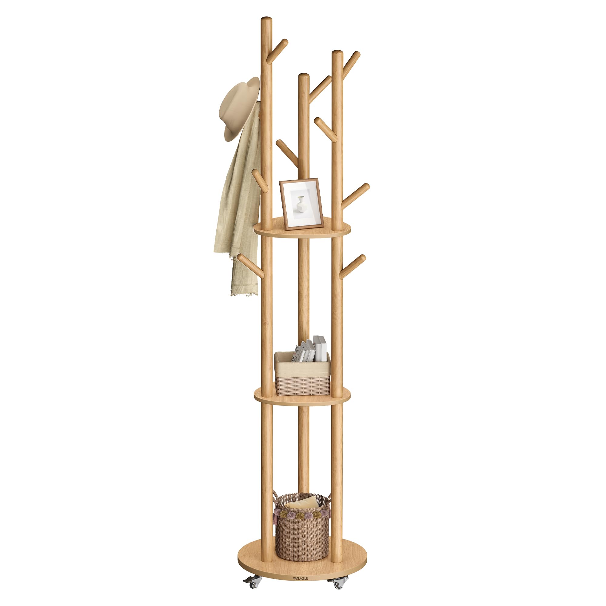 VASAGLE Garderobenständer, Kleiderständer mit 11 Haken und 3 Ablagen, 4 drehbare und abnehmbare Rollen, Haken und Haltestangen aus Massivholz, Eingang Schlafzimmer Wohnzimmer, naturfarben RCR023YK01
