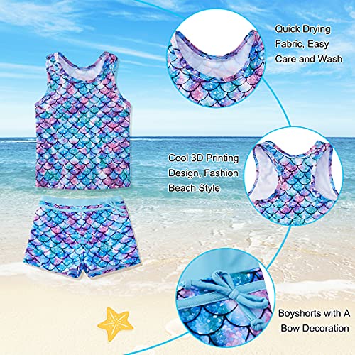 Uideazone Two Piece Tankini Bathing Suit For Girls Kids Mermaid Fish Scale Print Swimsuits Sleeveless Top+Shorts Boyshort Swimwear 12-13 Years thumb #1