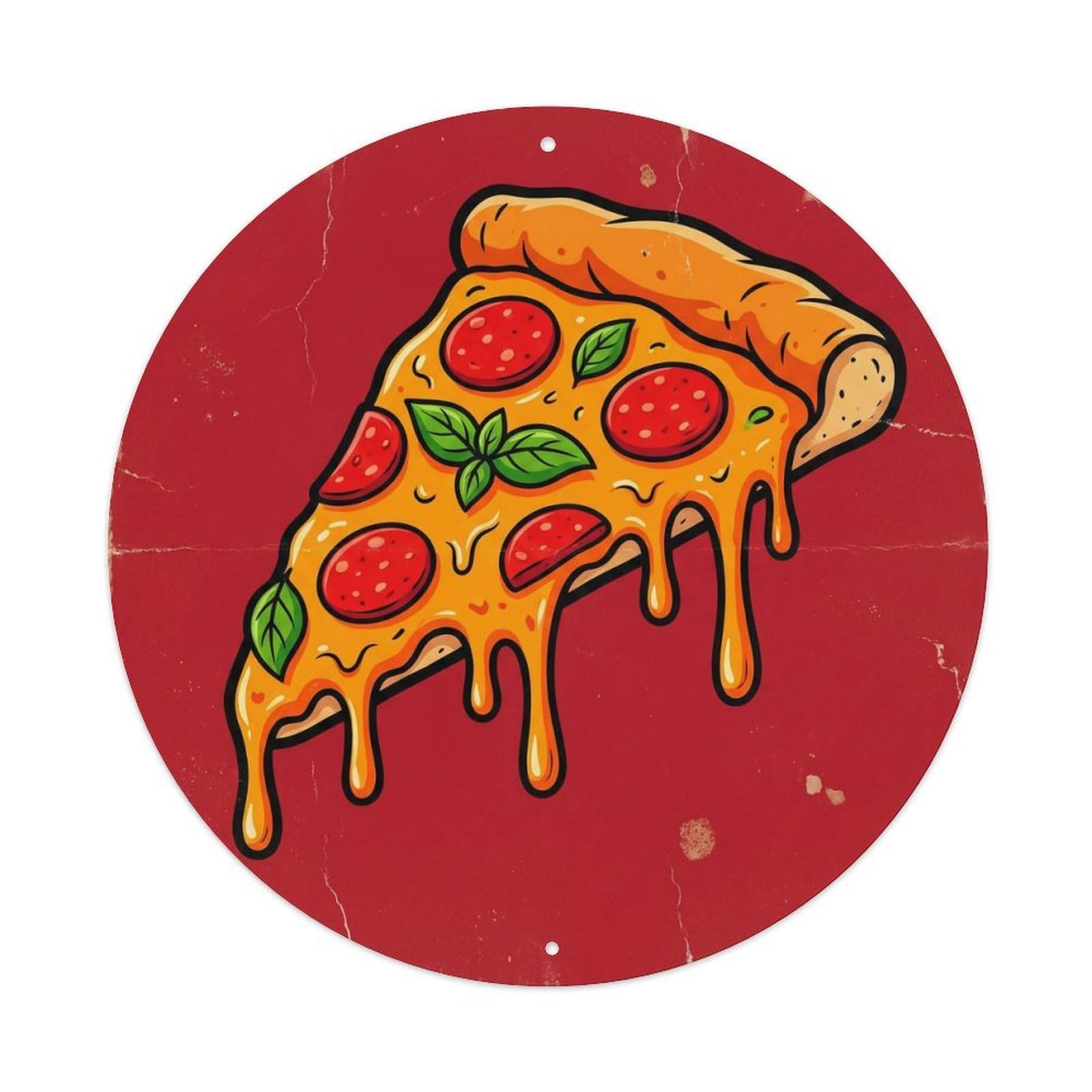 Vintage Pizza Slice Pepperoni Basil Vintage Metal Tin Sign Plaque Wall Decor for Cafe, Club Bar, Office, Garden Metal Poster 8x8Inch