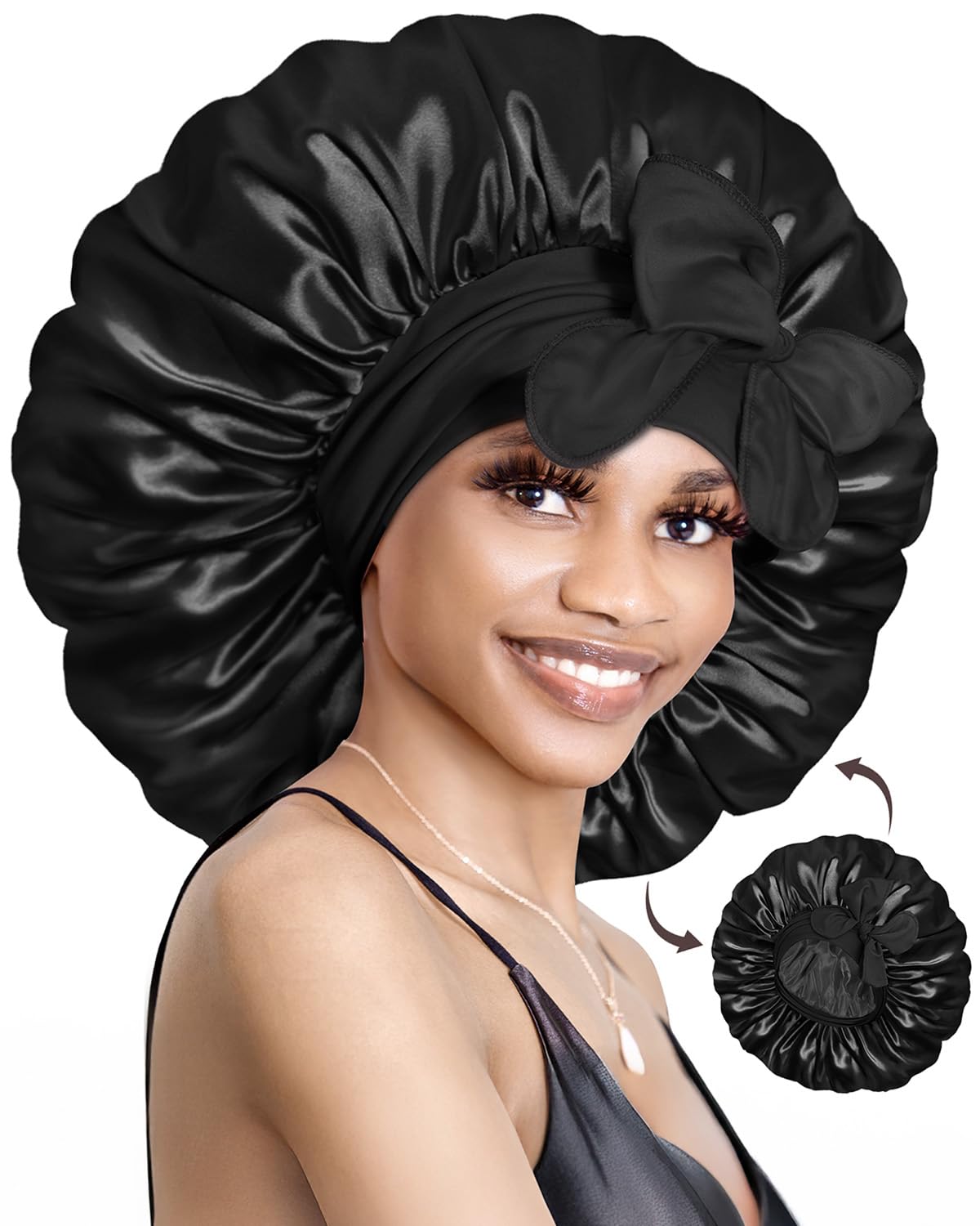 Bonnet Queen Silk Bonnet for Sleeping Satin Bonnet Hair Bonnet Large Bonnet Double XL Oversized Night Sleep Cap For Women Curly Hair Locs Braid With Adjustable Tie Band Black
