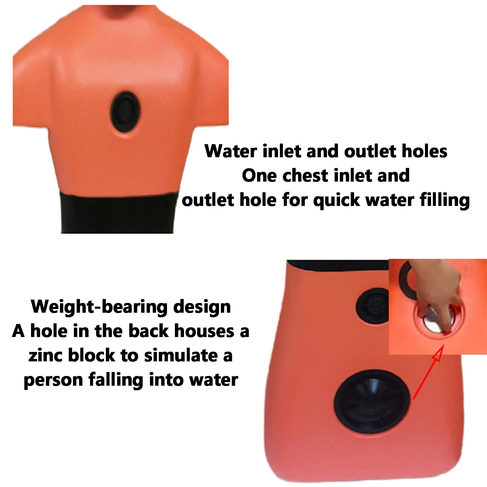 Maniquí de entrenamiento acuático para socorristas, maniquí de piscina con drenaje rápido y 3 agujeros de inyección de agua para adolescentes y adultos