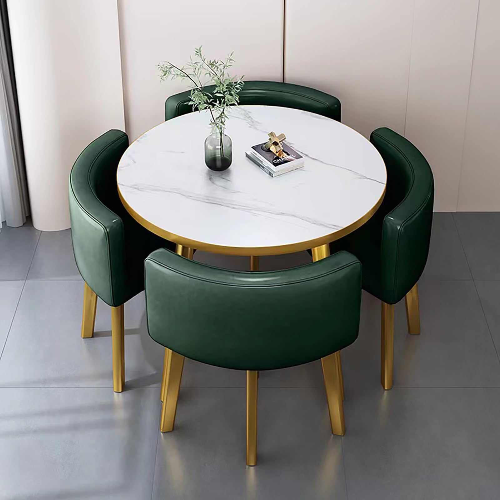 Round Dining Table Set for 4 with Marble Top and Chairs Office Reception Desk and Chair Set Suitable for Lounge Living Room Modern Furniture Dining Set,Dark Green-Round-Leather
