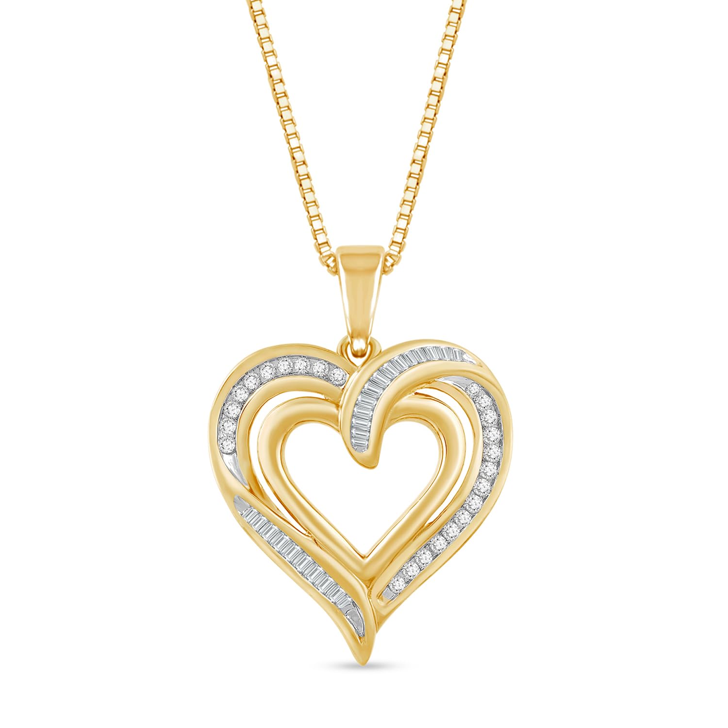 Heart Pendant Necklace for Women | Fine Jewelry with Natural White Round & Baguette Diamonds 1/4 or 1/2 CTW | Sterling Silver or Yellow / Rose Gold Plated | 18" Box Chain | Birthday Gift for Her