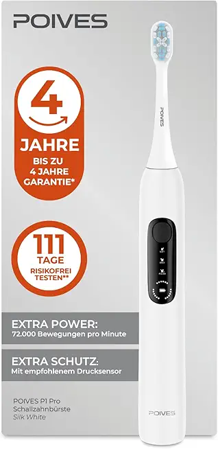 Schallzahnbürste POIVES P1 Pro - Elektrische Zahnbürste mit Drucksensor und 72.000 Bewegungen, bis zu 4 Jahre Garantie, 111 Tage Risikofrei testen, lange Akkulaufzeit, Silk White