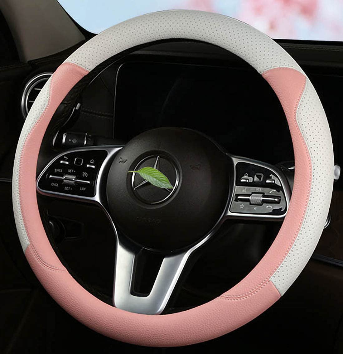 Fashion Cat Ear Leather Steering Wheel Cover Women Girl 15"(38cm) Universal Fit Auto D Shaped Leather Steering Wheel Covers (O Shape,White&Pink)
