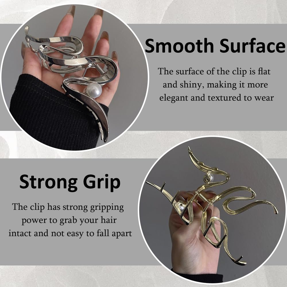 2 PCS Large Hair Clips Non-slip Claw Clips Metal Pearl Hair Grips Silver Gold Strong Hold Hair Accessories for Women Girls - Image 3