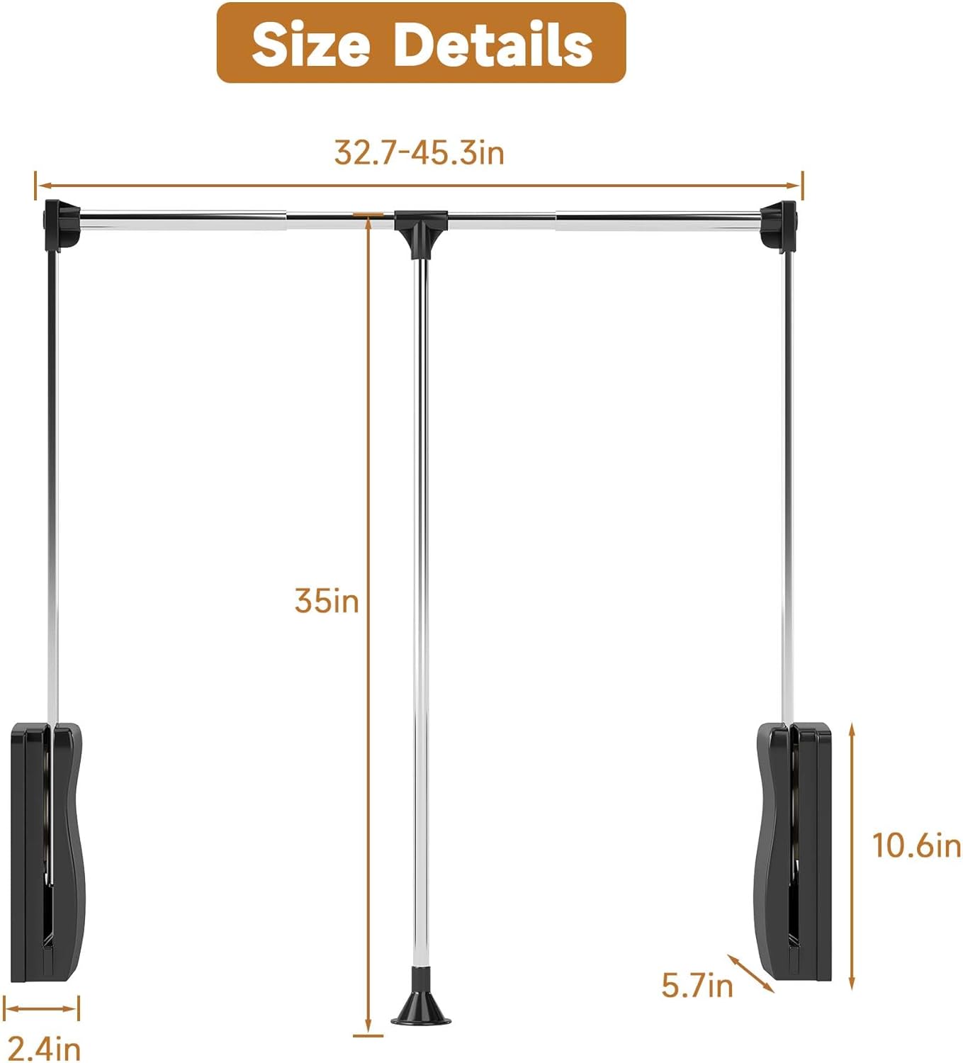 Pull Down Closet Rods for Hanging Clothes, Stainless Steel Adjustable 33-45 inches Wardrobe Lift Rail Organizer, 60 lbs Heavy Duty Wardrobe Side Mounted Closet Rod