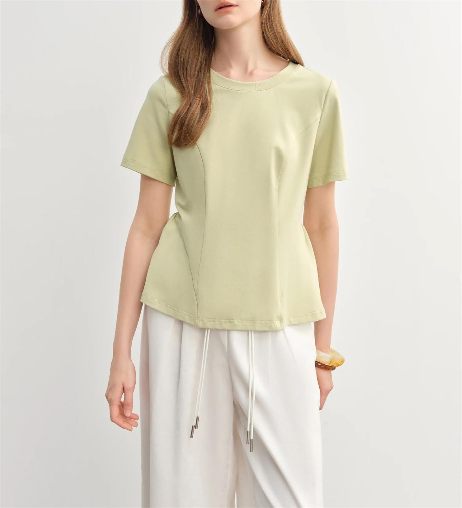 Tees da donna Solido O-Collo Manica Corta Pieghe Orlo Curvo Camicette di Cotone Casual Allentato Primavera Plus Size Top