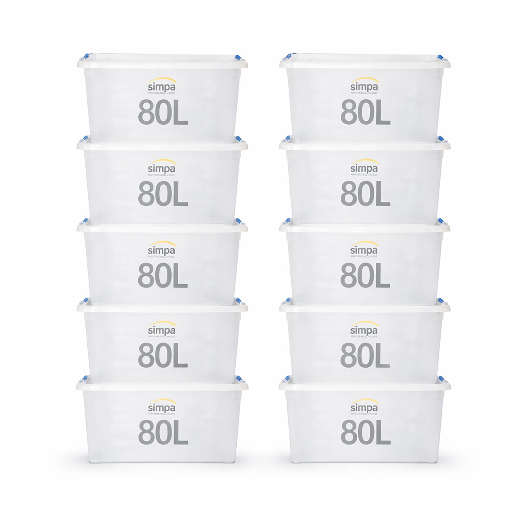 simpa 80 Litre 80L Stackable Plastic Storage Box with Clear Click Lock Closure Lid - 39cm (H) x 58cm (L) x 40cm (W) - Set of 10
