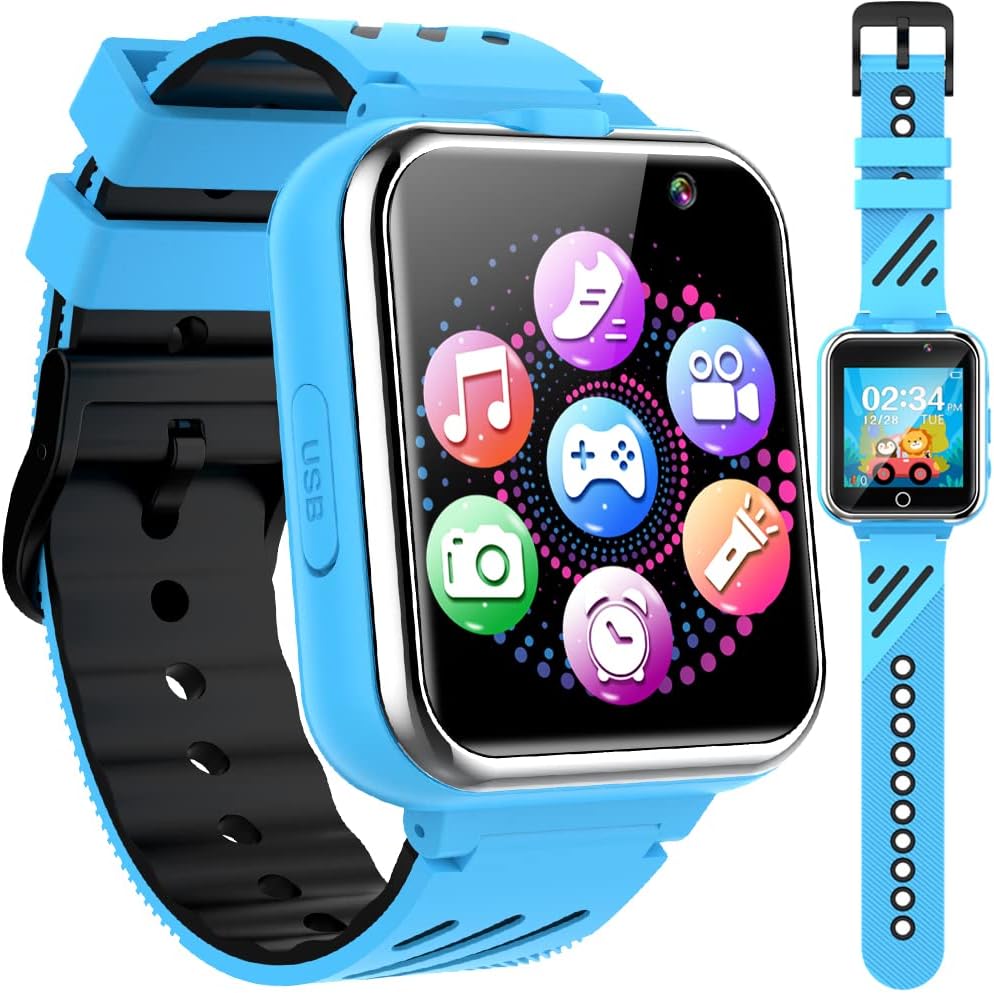 Kids Smart Watch with 24 Game HD Dual Camera 1.54'' Touchscreen Pedometer Video Music Player Alarm Clock Learning Toys Thanksgiving for Girls Boys 3-12 Years Old (Blue)