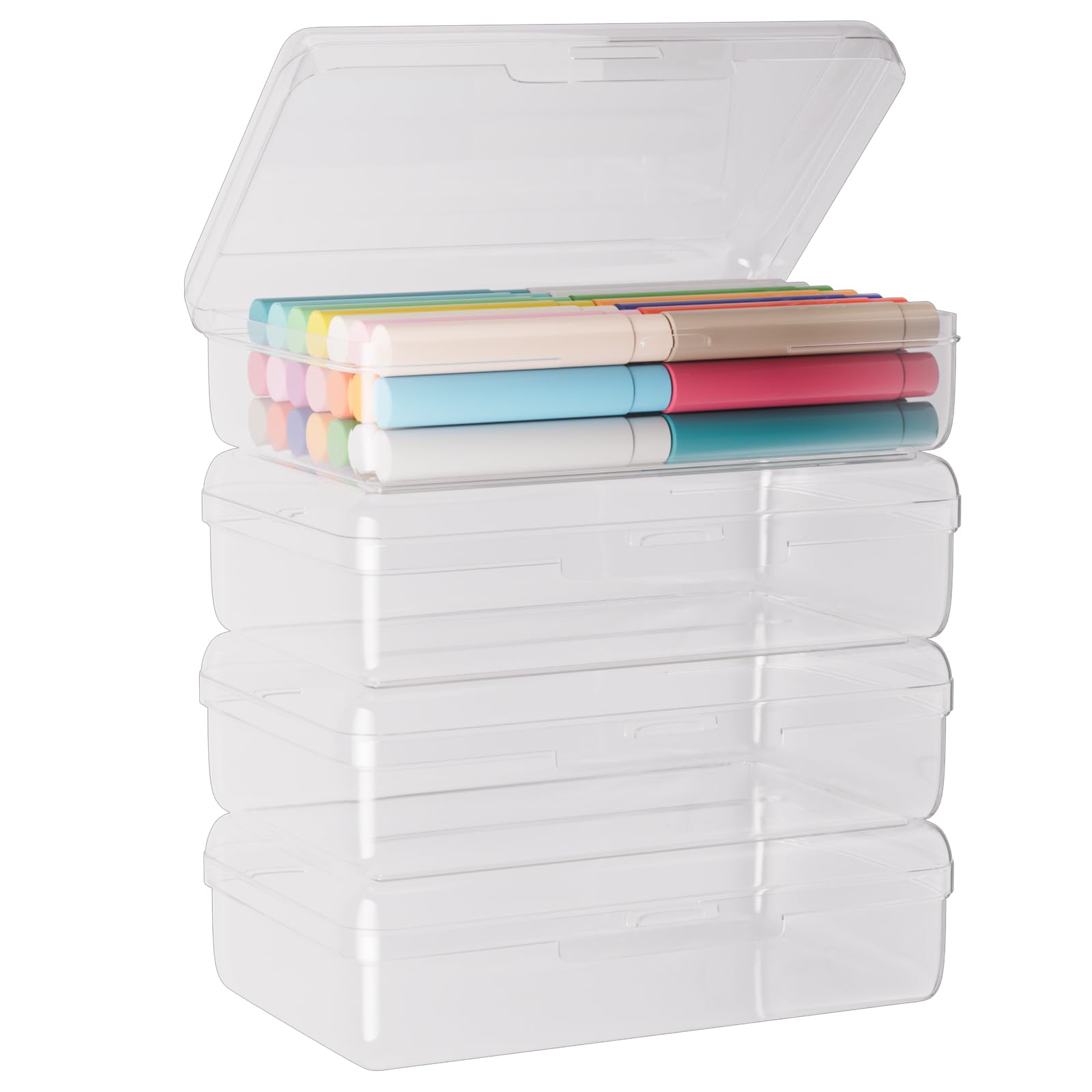 Cookmaster 4 Pack Plastic Pencil Box with Snap-Tight Lid, Large Capacity Hard Pencil Case, Art School Supply Craft Organizer Container for Bead Pens Ribbons Wahi Tape Sticker Yarn Ornaments