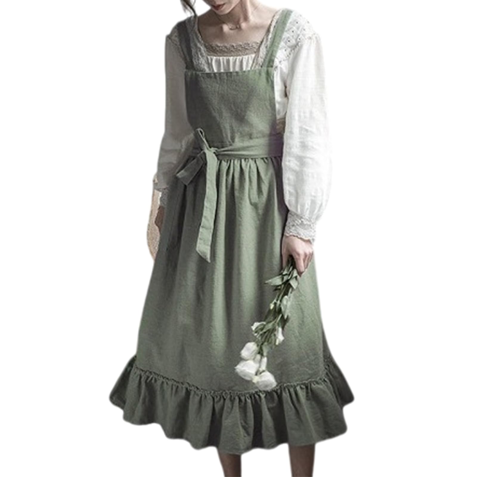 Grembiule in cotone e lino con volant per donne e ragazze, vintage, per cucinare, giardinaggio, lavoro, cameriera, grembiule con tasche, Verde militare, R