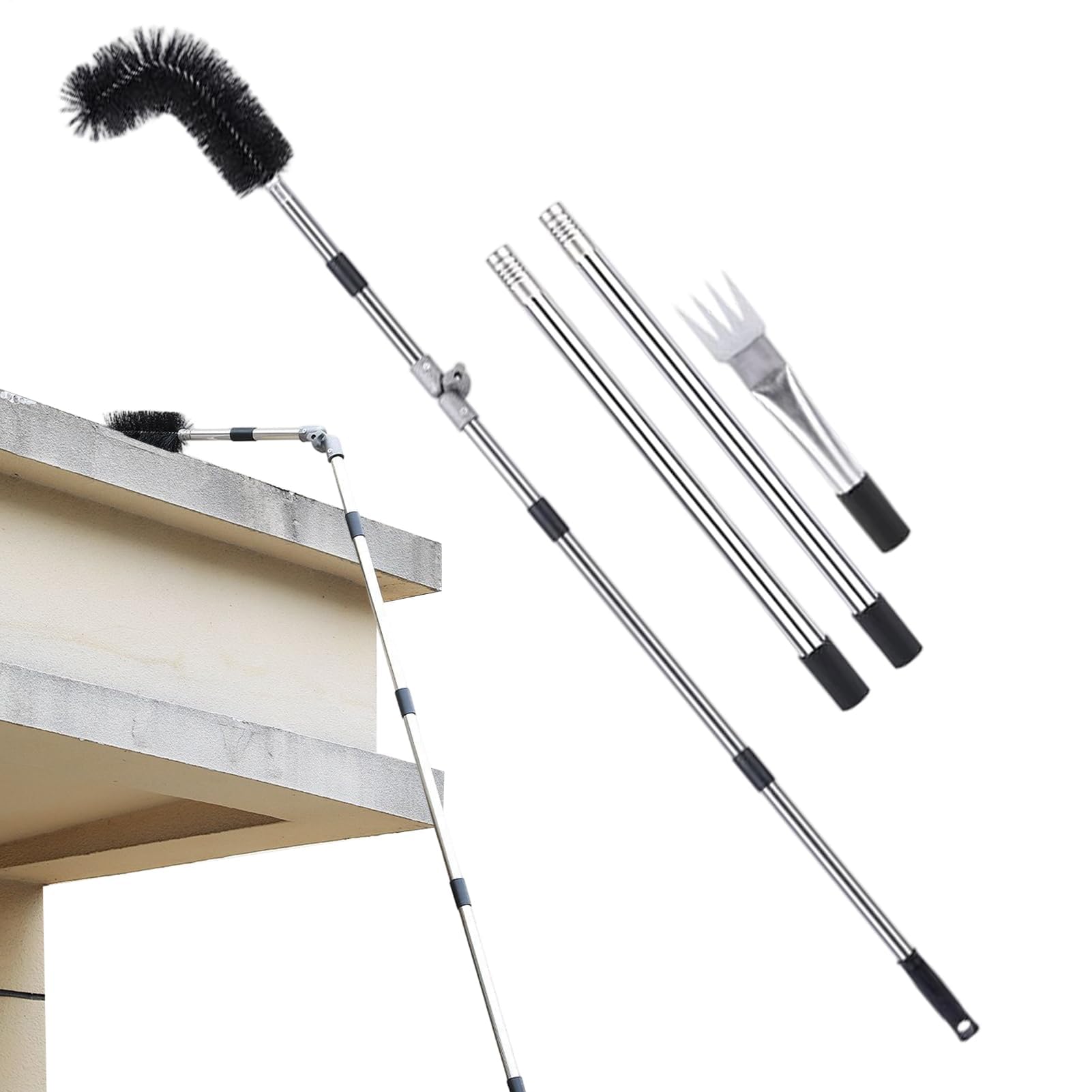 Teles Herramienta de limpieza de canalones de 8 pies extensible y kit de mantenimiento de techo de 5 piezas, accesorio ligero para exteriores para limpieza de canalones y techos sin esfuerzo