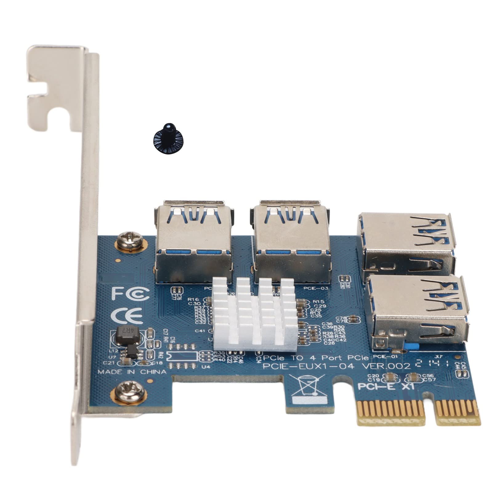 PCIE 1 to 4 Riser Card, PCIE Expansion Card with 4 USB 3.0 Ports, Blue Plug in Design for X4 X8 X16 Graphics Interface, Aluminum Alloy Heat Sink, Compatible with /7/8/10 and