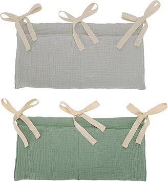 EUBUY Cotton Baby Bedside Hanging Storage Bag, 2-Pack Hanging Diaper Organizer for Crib & Changing Table 2 Pockets Organizer for Baby Cribs and Toys