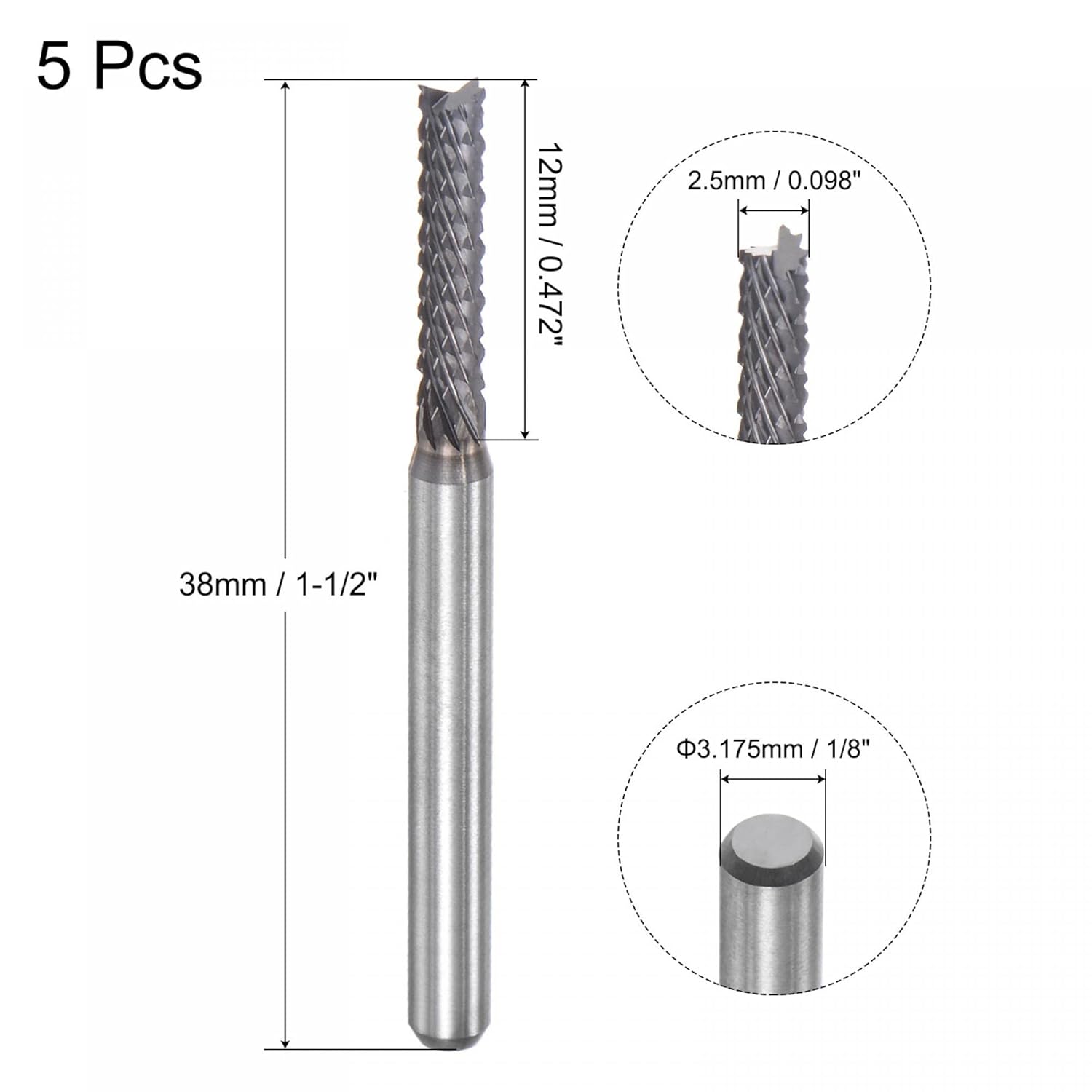 uxcell End Mill CNC Router Bits, 2.5mm x 12mm 1/8" Shank Diamond Film Coated Carbide Engraving Bit Milling Cutter Left Hand for PCB Plastic Fiber Wood 5pcs