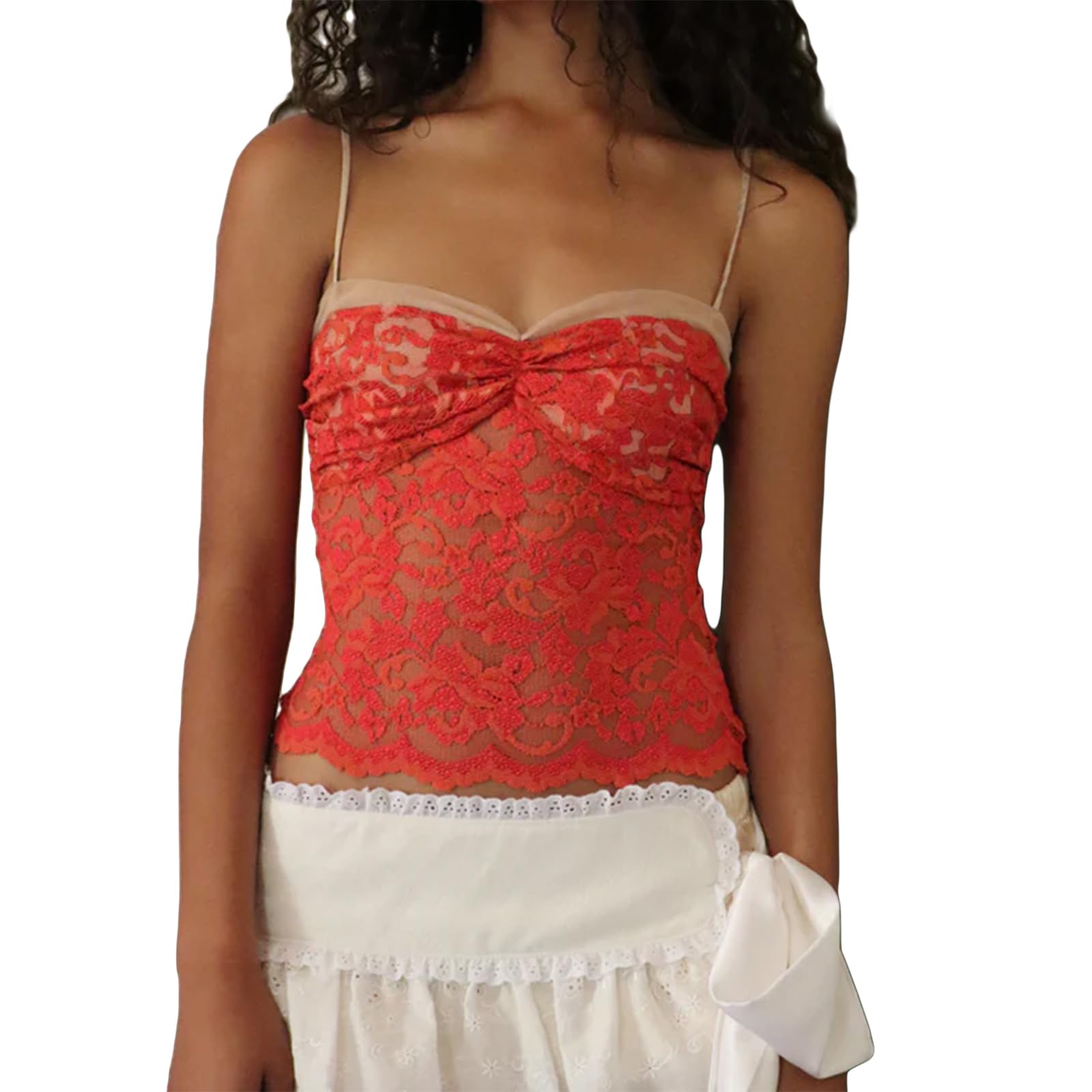 Women Lace Mesh Crop Tank Tops Sleeveless Patchwork Strappy Going Out Tops Camisole Y2k Slim Fit Cami Shirts