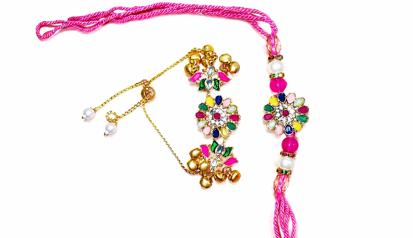 LAXORA Presents Bhaiya Bhabhi Rakhi Set Kundan Meenakari Floral Multicolor rakhi for bhaiya and Floral Lumba for bhabhi | traditional designer detailing kundan meenakari work rakhi combo set of 2 |