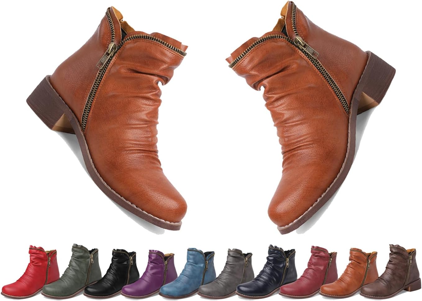 Women's Casual Short Ankle Boots - Trendy Classic Footwear for Women Side Zipper Vintage Leather Damping Shoes Comfortable Walking Boots for Women