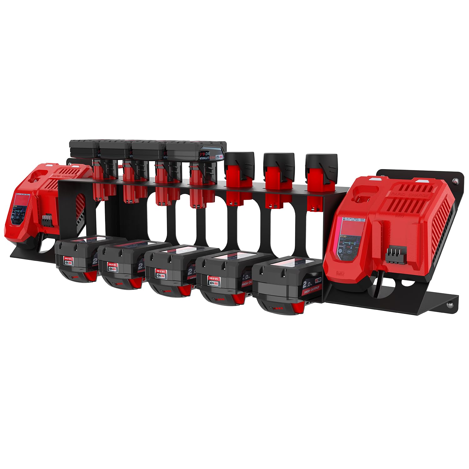 DITKOK 3-in-1 Metal Wall Mount for Milwaukee Chargers and Batteries, Charger Holder for 2X M12-18C/M12-18FC Chargers, Battery Holder for 7X M12 & 5X