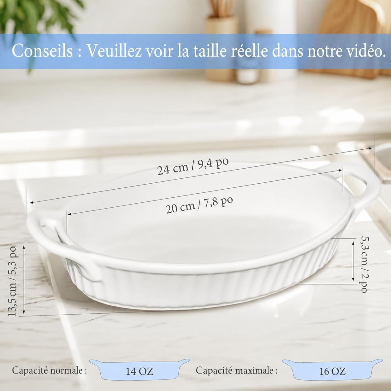 Lot de 6 Plats à Four Ovales en Céramique, 24 cm, Petits Plats à Lasagnes avec Poignées, Plat en Porcelaine Résistant à la Chaleur pour Gratin, Tapas, Hachis Parmentier et Rôtis, Blanc