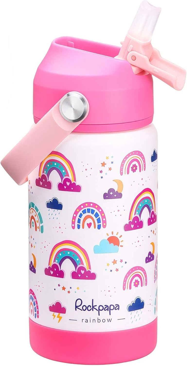 rockpapa 14 oz Kids Insulated Water Bottle,Stainless Steel Toddler Cups with Straws, BPA Free, Leak-Proof, Kids Water Bottle for School Boys& Girls (White Rainbow)