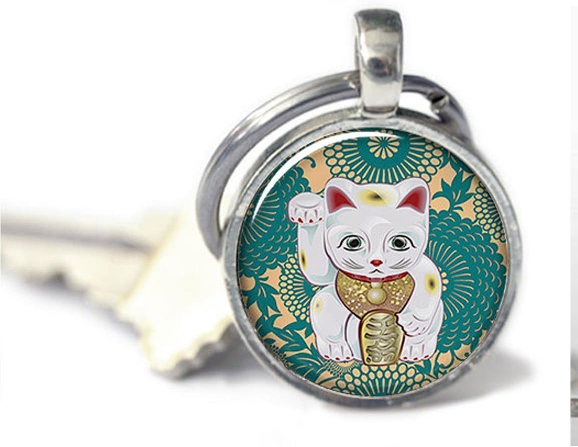 Maneki Neko Teal Art Keychain Charm, Lucky Cat Keychain Charm, Lucky Cat Jewelry, Cat Jewellery Keychain