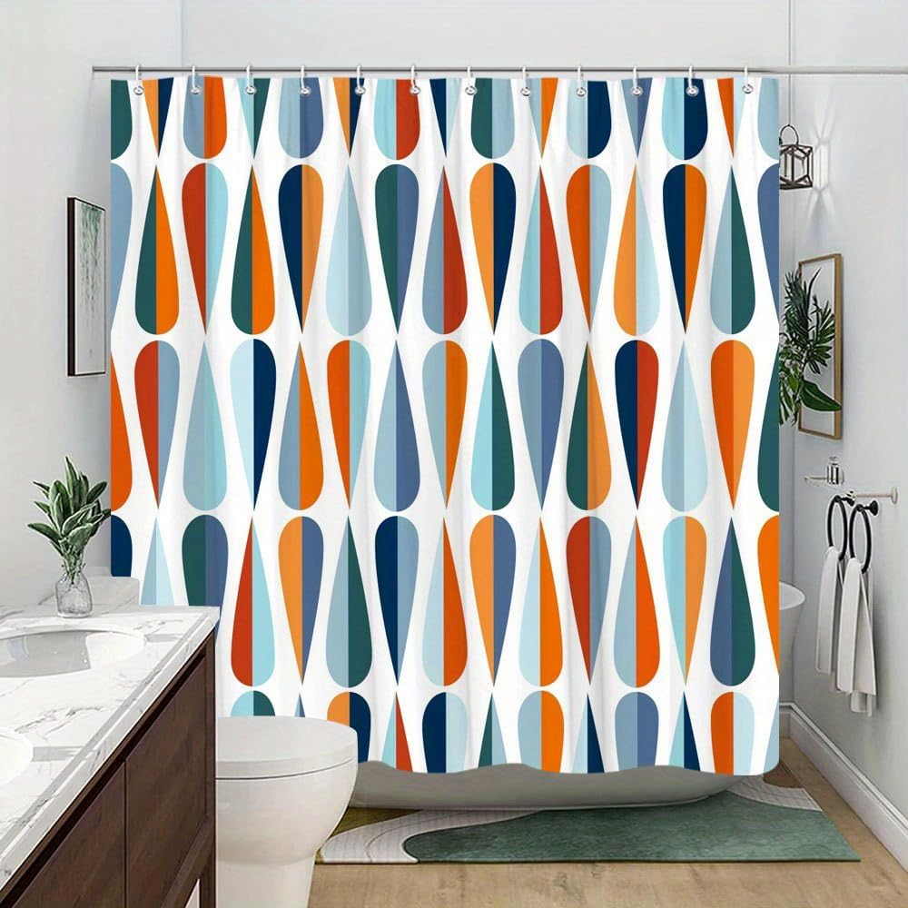 Mid-Century Modern Tenda da doccia 300x180 cm, con motivi geometrici astratti a goccia, in tessuto di poliestere impermeabile e antimuffa, con ganci
