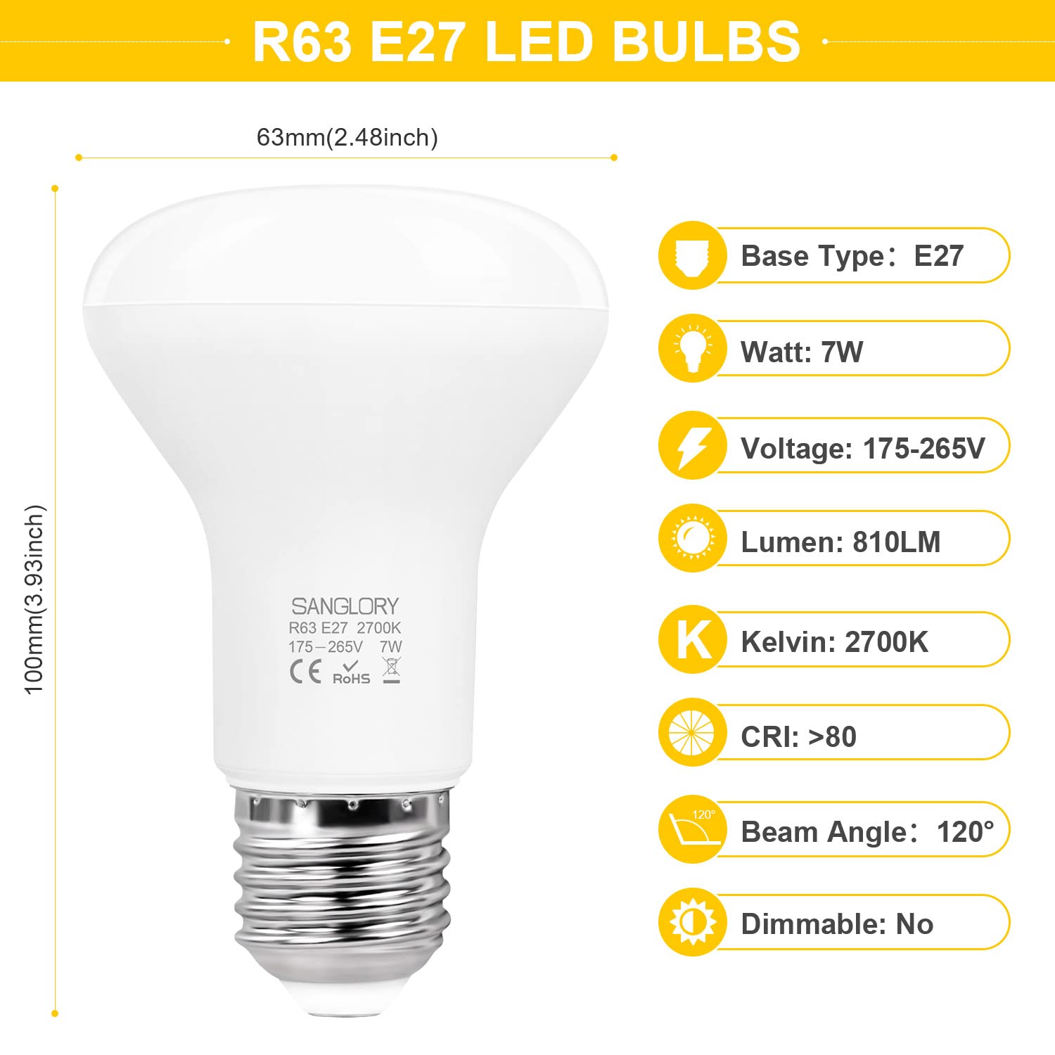 SanGlory 6 Pezzi LED Lampadine Faretti R63 E27 7W Equivalente a Alogena E27 60W, Luce Calda 2700K, 810LM, 120 Gradi di Luce, Lampade Riflettore LED R63 per Plafoniere, Non-dimmerabile (Caldo 2700K)