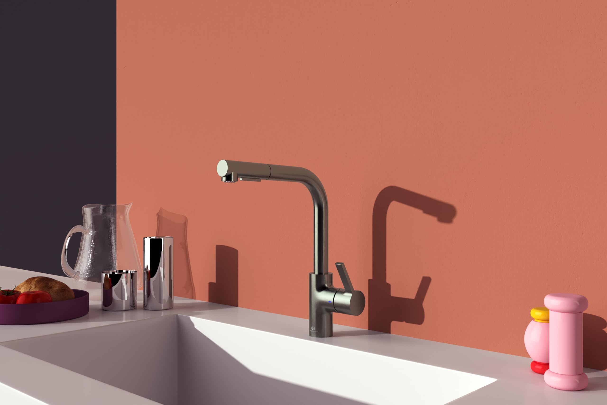 Ideal Standard – Gusto Monomando de cocina, Caño redondo en L, con rociador extraíble y dos modos de chorro, caño giratorio 360°, fácil de instalar con fijación EasyFix+, Gris Magnético