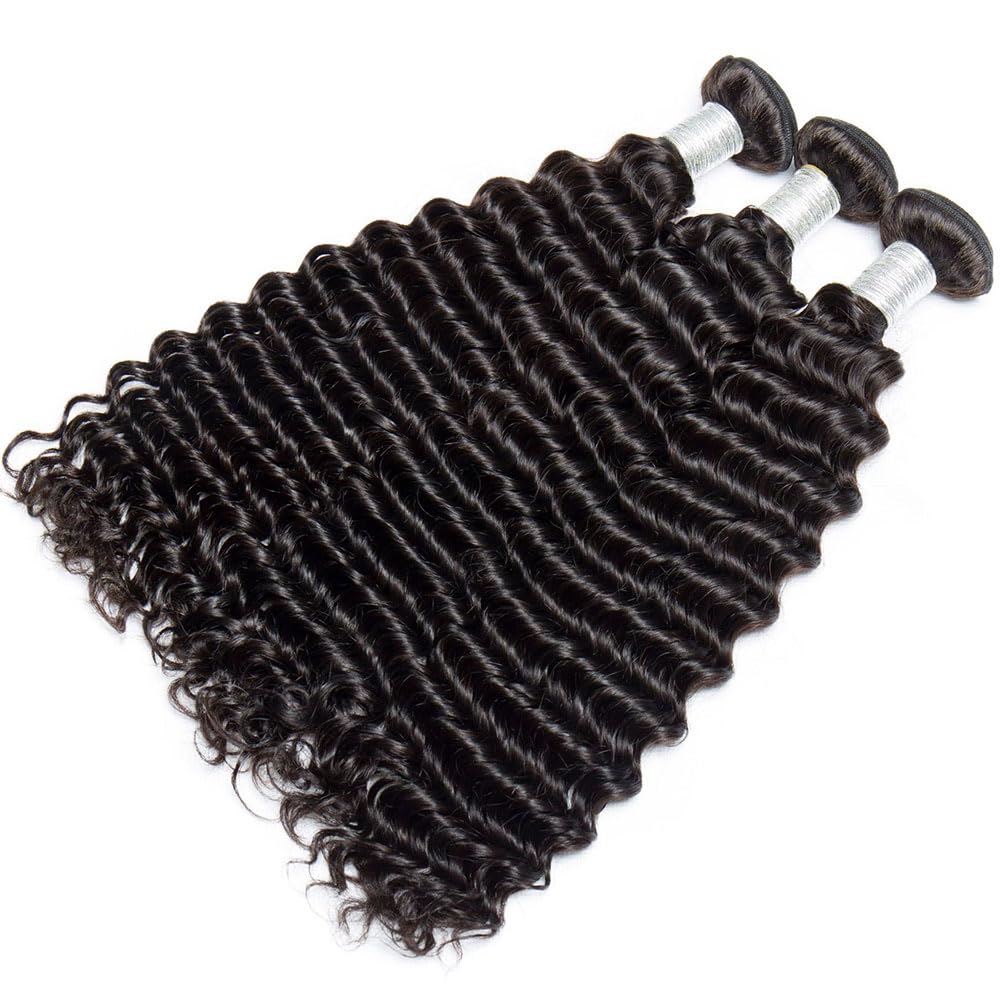 12A Deep Wave Bundles Human Hair 16 18 20 Inch 100% Unprocessed Human Hair Bundles Brazilian Virgin Hair 3 Bundles Deep Wave Double Strong Weft Hair Bundle Deals Natural Color Soft