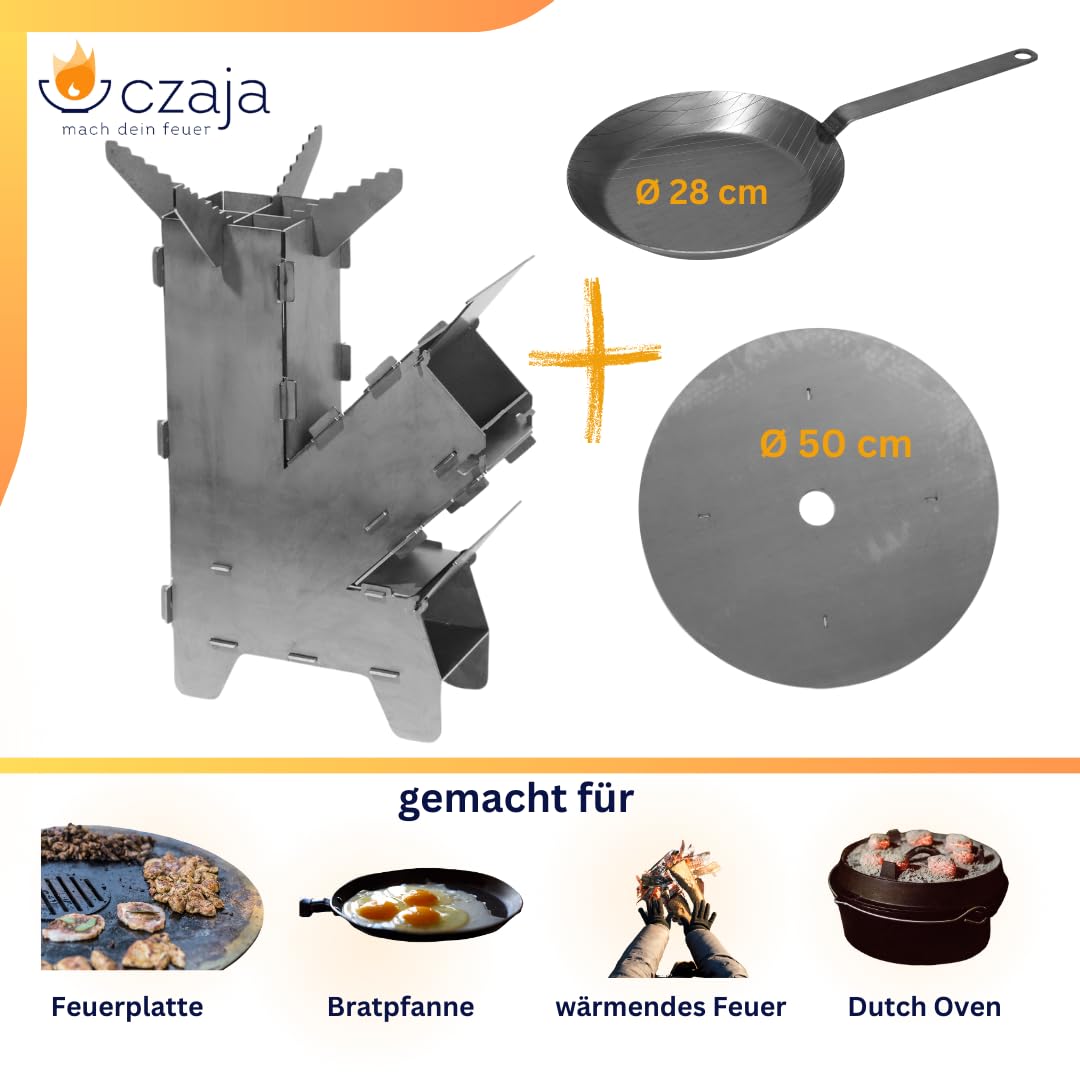 Czaja Fourneau Fusée avec Plaque de Cuisson 5 mm et Poêle en Fonte - Système Modulaire en Acier Massif, Brasero BBQ, Plaque de Feu, Poêle à Bois, Réchaud de Camping, Barbecue - Fabriqué en Allemagne