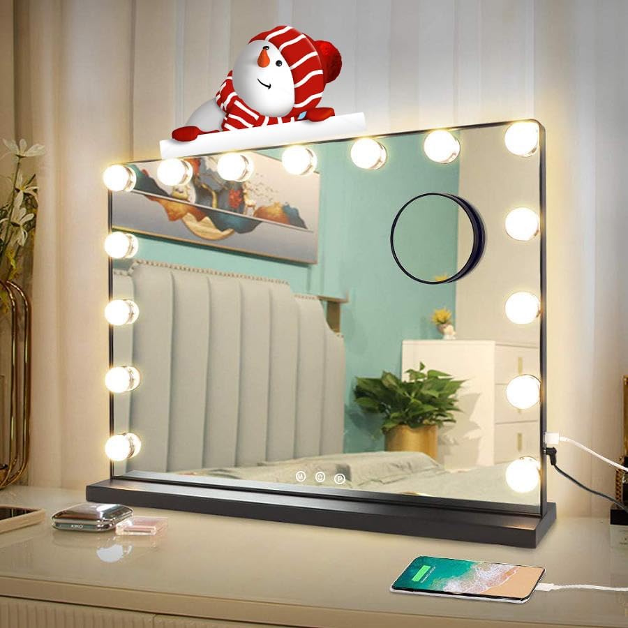DINGLILIGHTING Hollywood - Espejo de maquillaje con iluminación, 15 LED, luz regulable, espejo de maquillaje con USB, luz de 3 colores, color negro, espejo cosmético para dormitorio, tocador, 58 x 45